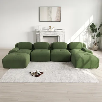 Zdjęcie produktu dla Sofa bezramowa, modułowa sofa narożna 4-osobowa, z sztruksu, siedzisko 32D, zestaw wypoczynkowy w kształcie litery U do salonu, nie wymaga montażu