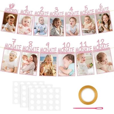 Immagine prodotto di Ghirlande fotografiche per bambini, da 1 a 12 mesi, color oro rosa, ideali per decorare feste di compleanno per bambine e bambini
