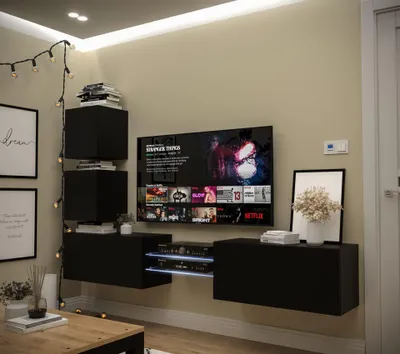 Produktbild von Furnitech Wohnwand Wohnzimmer - Wohnzimmer Möbel mit LED RGB - 16 Farben - Hängend Wohnwand Modern - Wohnzimmer Schrankwand mit Regale und TV Schrank (AN100-21B-M4-1B)