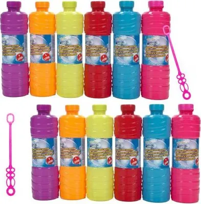Produktbild von 12x Flaschen je 1 Liter, Seifenblasenflüssigkeit mit Seifenblasenstab, Nachfüllflasche mit Schraubverschluss für Seifenblasenmaschinen, Seifenblasenpistolen etc., für bunte und stabile Blasen 12 Flaschen á 1 Liter