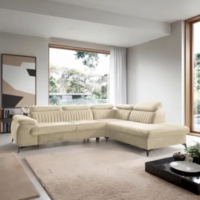 Productafbeelding van Eckbank VETTO Monolith 02, crème/lichtbeige, fluweel, slaapbank, bedlade, verstelbare hoofdsteunen, rechts