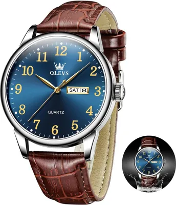 Image de Montre étanche OLEVS pour hommes avec bracelet en cuir, grand cadran, montre à quartz analogique à la mode, montre d'affaires habillée avec date, élégante et durable