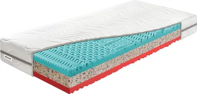 A cross-section of a mattress is shown against a white background, revealing its layered construction.