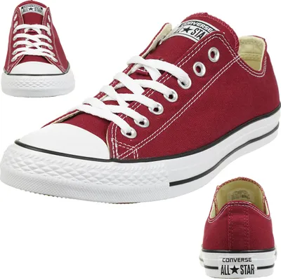 A collage of three images of a pair of red Converse Chuck Taylor All Star low-top sneakers.