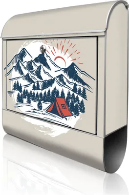 Produktbild von banjado Design Briefkasten Stahl silber mit Zeitungsfach pulverbeschichtet "Bergcamping Abenteuer" 38x46x12,5cm & 2 Schlüssel - Postkasten A4 Einwurf inkl. Montagematerial [BK 13168]