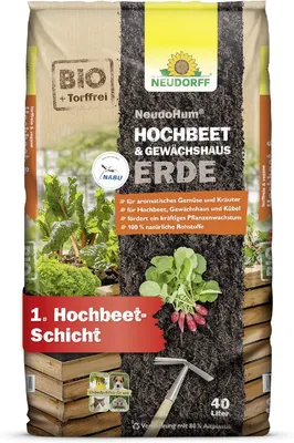 Produktbild von Neudorff NeudoHum Hochbeet und GewächshausErde kräftige Wurzelbildung, gesundes Pflanzenwachstum, vegan, natürlicher Kalium, verhindert Staunässe, 40l
