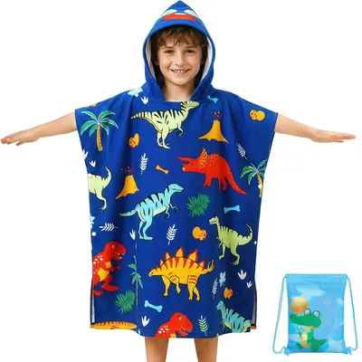 Produktbild von Strandtuch Jungen-Badeponcho mit Kapuze, weiche Mikrofaser-Badetücher, blaue Haifisch-Strandtücher, saugfähiger Poncho mit Kapuze, 75 x 180 cm, Kinder