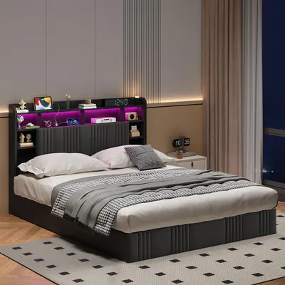 Immagine prodotto di Letto imbottito UnboxG 160x200 cm con contenitore e rete a doghe, cassettiera idraulica, testiera con LED, stazione di ricarica con 2 prese, USB e USB-C, letto matrimoniale in lino, color grigio scuro