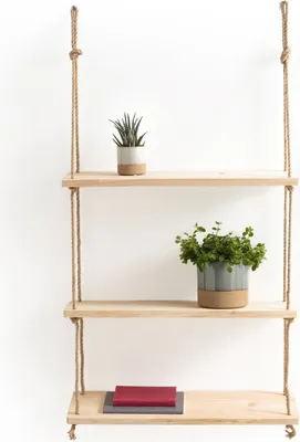 A three-tiered wooden shelf unit suspended by rope, with two potted plants and two books displayed on the shelves.
