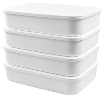 Immagine prodotto di 4 contenitori in plastica con coperchio, scatole impilabili per l'organizzazione di spazi in cucina e in ufficio