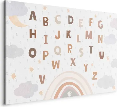 Produktbild von Vlies Leinwandbild - Letters Above the Rainbow - Letters Among Streams of Rain and Clouds with a Rainbow Moon and Stars on a Light Background 30x20 cm Für Kinder e-A-10129-b-a