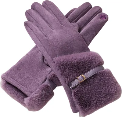 Produktbild von Damen-Winterhandschuhe aus Wildleder mit Pelzbündchen, weich und warm, Touchscreen-fähig, mit Fleece gefüttert, winddicht für kaltes Wetter