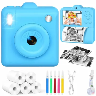 Produktbild von Kinder-Sofortbildkamera D16 mit Thermodrucker, 2,4-Zoll-IPS-Display und Doppelkamera - Blau