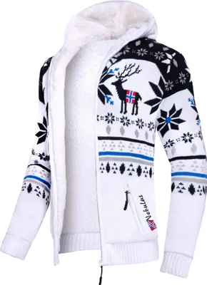 Produktbild von Nebulus Norweger Jacke Hoody mit Teddyfell NORON Herren, mit Kapuze, schicker Pullover im Norweger-Style, P6402 - Herren, weiß-schwarz, XL