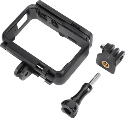 A black protective frame and accessories for an action camera are displayed against a white background.