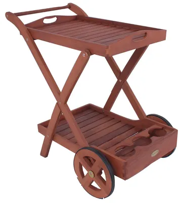 Produktbild von Teewagen TOLEDO mit 2 Etagen aus Holz fahrbar mit abnehmbaren Tablett und Flaschenhalterungen robuster Servierwagen mit Rädern und geölter Oberfläche