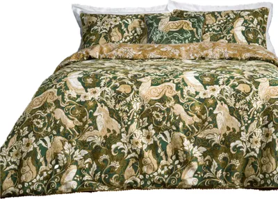 A bedding set with a forest animal pattern.