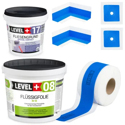 Obrázek produktu pro Hydroizolační sada Tekutá fólie 7kg Základní nátěr na dlaždice 1,5kg Těsnicí páska 5mb Sprcha - LEVEL+ SET333