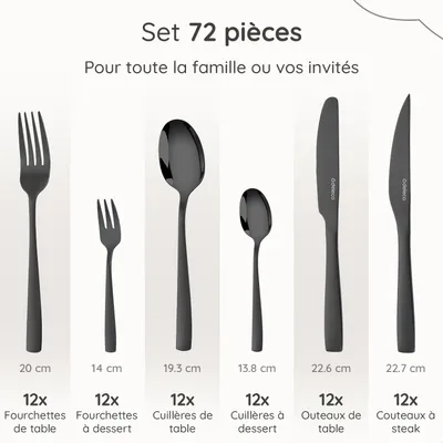 Image de Set de couverts Deleca 72 pièces pour 12 personnes - Couverts lavables au lave-vaisselle - Couteaux, fourchettes, cuillères, couteaux à steak & fourchettes à viande - Acier inoxydable noir
