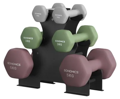 Immagine prodotto di Set di 6 manubri con supporto per manubri | Grigio chiaro, verde salvia e bordeaux | 13,5 x 6,5 x 6 cm