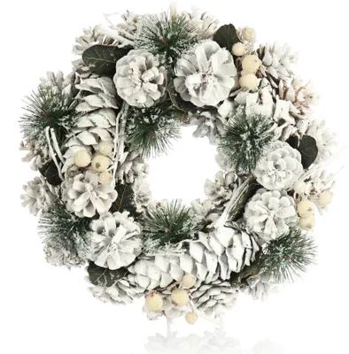Produktbild von COM-FOUR® Türkranz für Weihnachten - weißer Adventskranz mit Zapfen und Zweigen - Dekokranz - Weihnachtsdeko - Tischkranz - Weihnachtskranz