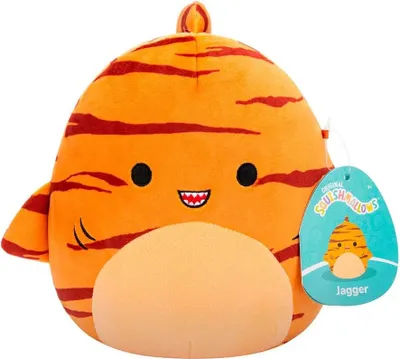 A plush toy shark with tiger stripes, with its tag visible.