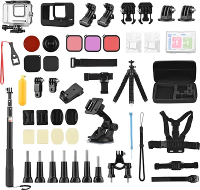 Produktbild von Andoer Action-Kamera-Zubehoer-Set Sportkamera-Zubehoer-Set mit wasserdichtem Gehaeuse, Silikon-Schutzhuelle, Selfie-Stick, verschiedene Halterungen und mehr, Ersatz fuer GoPro Hero 10/9, Schwarz mit Tragetasche