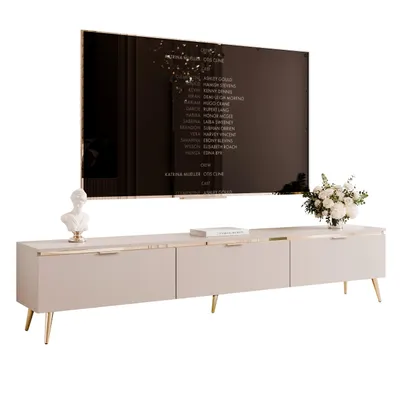 Produktbild von IDOHOME-TV-Lowboard SELIA 200 cm mit goldener Zierleiste und Griffe Fernsehschrank mit LED-Beleuchtung elegante Wohnzimmer TV-Schran Kaschmir