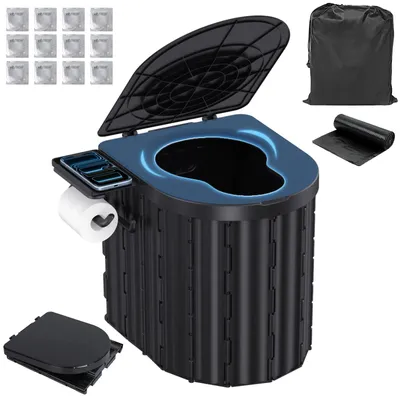 Image de Toilettes de camping pliables et portables, autoportantes, en plastique, pour camping, voiture et situations d'urgence - Noir