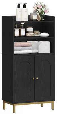 Image de Armoire de salle de bain avec étagères réglables, dimensions 30 x 50 x 100 cm, couleur noire et dorée