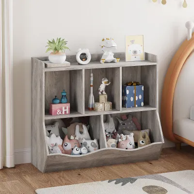 Produktbild von Kinderregal, 2-stöckig mit 5 Fächern – Organizer für Spielzeug und Bücher für das Kinderzimmer (Grau)