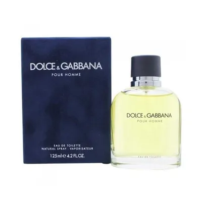 A bottle of Dolce & Gabbana Pour Homme Eau de Toilette and its packaging are displayed against a white background.