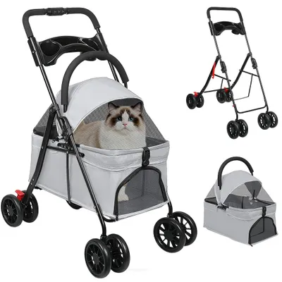 Image de Poussette pour chien pliable Jogger Poussette pour chat avec fenêtres en filet Poignée Grise