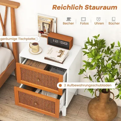 Image de Table de chevet table de chevet en rotin avec 2 tiroirs, table d'appoint avec pieds en bois massif 46 x 33 x 59,5 cm blanc + marron