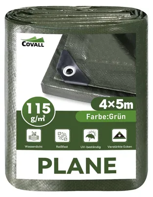 Immagine prodotto di Telo protettivo verde, dimensioni 4x5 metri, peso 115 g/m², impermeabile, resistente ai raggi UV, resistente allo strappo, realizzato in polietilene (PE)