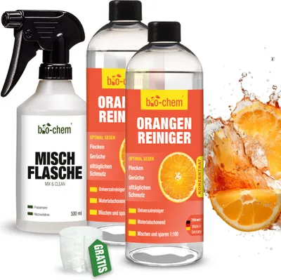 Produktbild von bio-chem Orangenreiniger Konzentrat 2x 750 ml - Starker Allzweckreiniger mit angenehmem Orangen-Duft - Inkl. Mischflasche & Messbecher - Sehr ergiebiges Reinigungskonzentrat mit Orangenterpenen