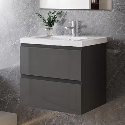 Produktbild von 60 cm Badmöbel-Set Unterschrank mit dick Keramik waschtisch 2 Schubladen soft-close Hochglanz Anthrazit Selbstmontierter