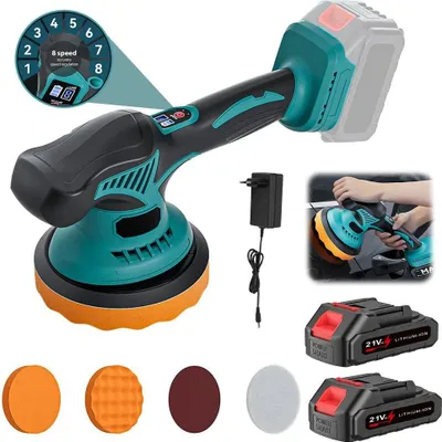 Immagine prodotto di Levigatrice/lucidatrice a batteria - Lucidatrice per auto da 18 V - Motore da 800–999 W - 8 velocità, 6000 giri/min - Dispositivo portatile per applicazione di cera e levigatura - con 2 batterie
