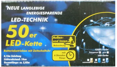 The image shows the packaging of an LED light string.