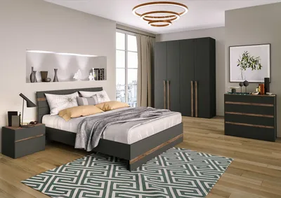 Image de Ensemble de chambre à coucher moderne gris : lit rembourré, armoire, commode (4 pièces)