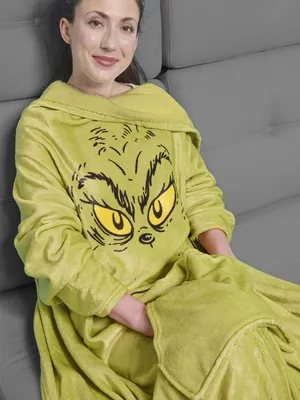 Produktbild von The Grinch TV Decke mit Ärmeln und Taschen Flauschige Kuscheldecke mit großer Bauchtasche Ärmeldecke 130 x 170 cm Grün