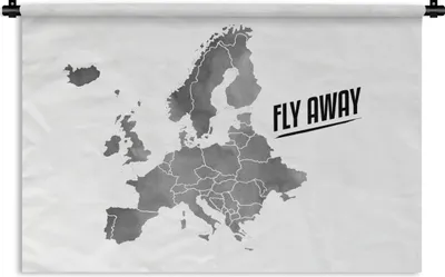 Produktbild von MuchoWow® Wandteppich Wandbehang Eurocard in grauer Aquarellfarbe mit dem Zitat "Fly away" - schwarz-weiß 120x80 cm Tapisserie Dekoration Wandtuch - Wanddekorationen - Wandtücher