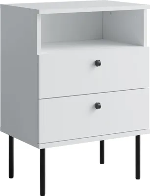 A white nightstand with two drawers and an open shelf, shown from a front-diagonal angle on a white background.