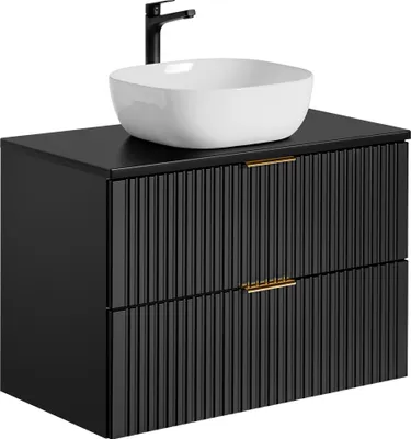 Produktbild von Bad-/Hängeschrank 80x46cm Schwarz Schubladen Waschbecken Adel Black