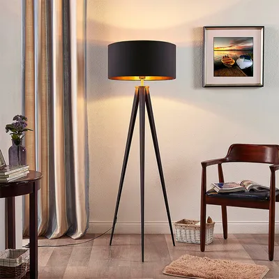 Produktbild von Lindby Stehlampe Benik, Tripod, Textil, schwarz/gold, 153cm