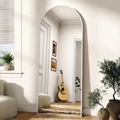 Image de Miroir mural, miroir de pleine longueur, miroir debout, 142x52 cm, forme en arc, verre HD, blanc