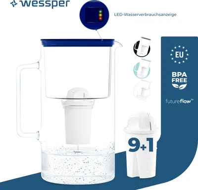 Obrázek produktu pro Filtrační konvice z borosilikátového skla Wessper D2 FutureFlow 3l | Filtrační konvice Wessper 3 l modrá | 10x filtrační patrona pro vodu