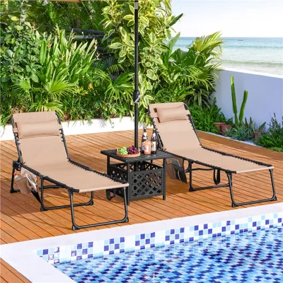 Produktbild von Yaheetech Gartenliege klappbare Sonnenliege mit Kissen & Seitentasche, Feldbett Liegestuhl 189 cm L, Beige