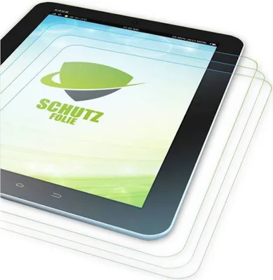 A stack of screen protectors for a tablet, with the top one showing a tablet screen with a logo and text.