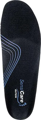 A black insole with blue wavy lines and text.